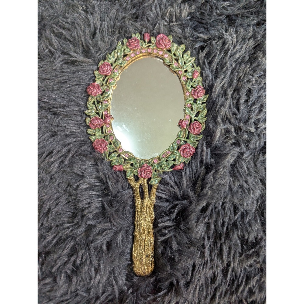 Vintage Ornate Rose Hand Mirror‎ Gold Tone Pink Rhinestone Floral Vanity